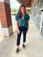 Call On You Hunter Green Top with Leopard Accent Trim (R) - A'Bekah's Boutique