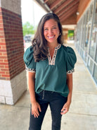 Call On You Hunter Green Top with Leopard Accent Trim (R) - A'Bekah's Boutique