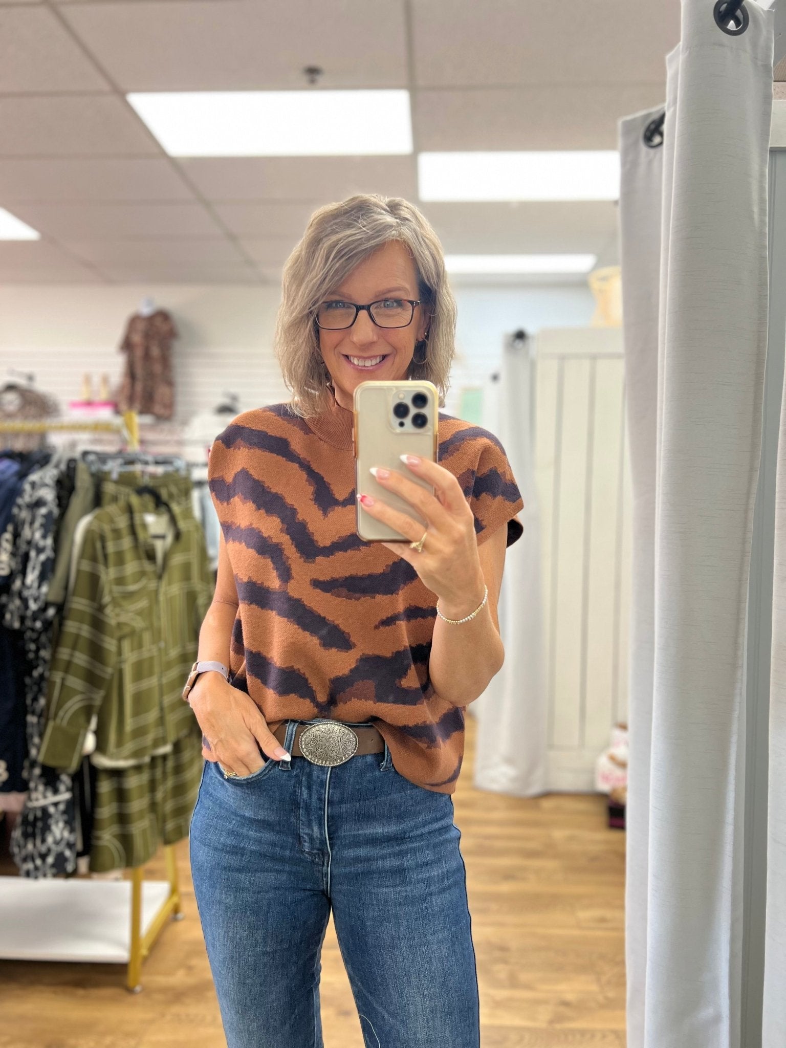 Camel Animal Print Cap Sleeve Mock Neck Sweater - A'Bekah's Boutique