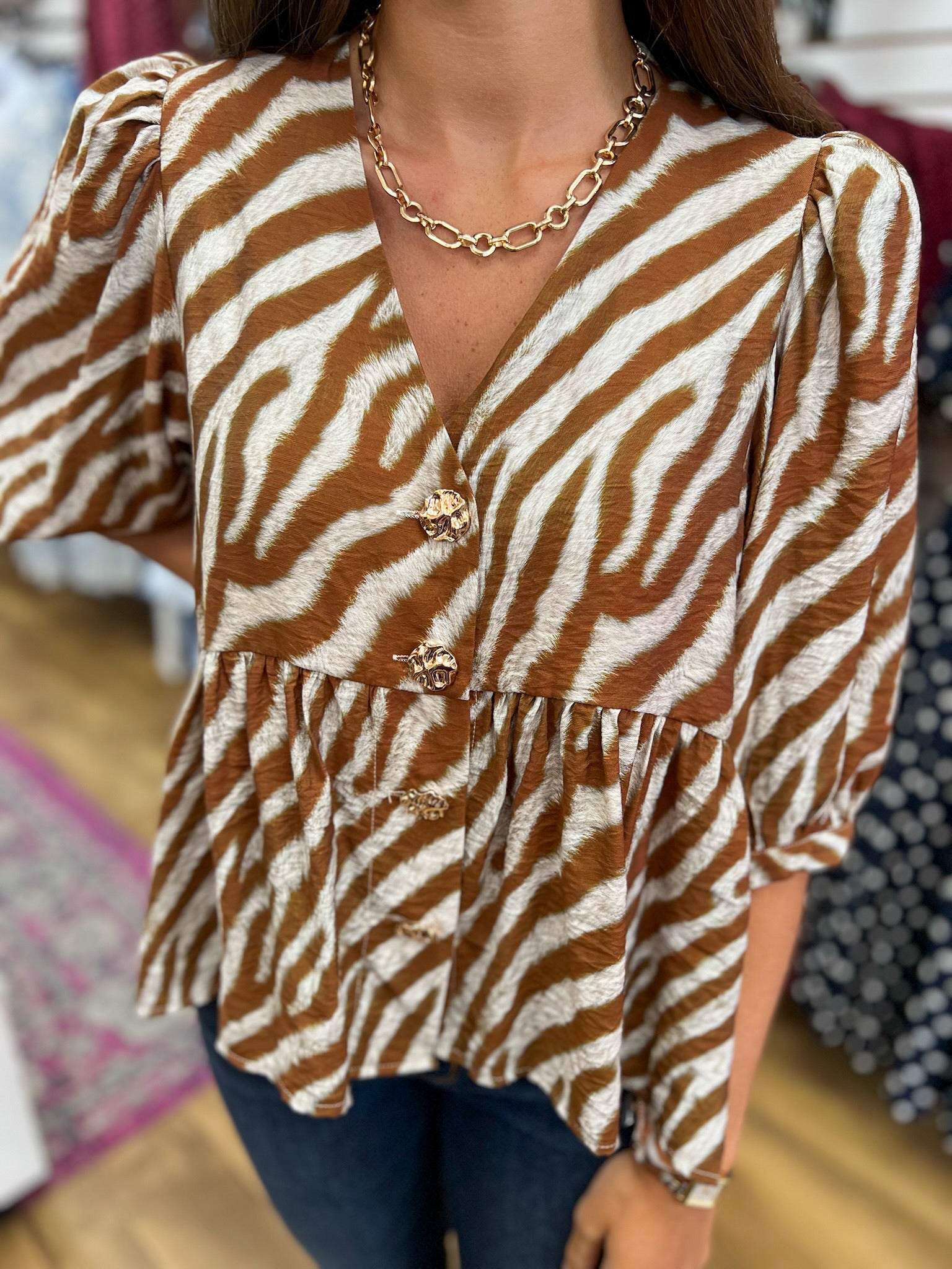 Camel Animal Print V-Neck Top with Gold Front Buttons - A'Bekah's Boutique
