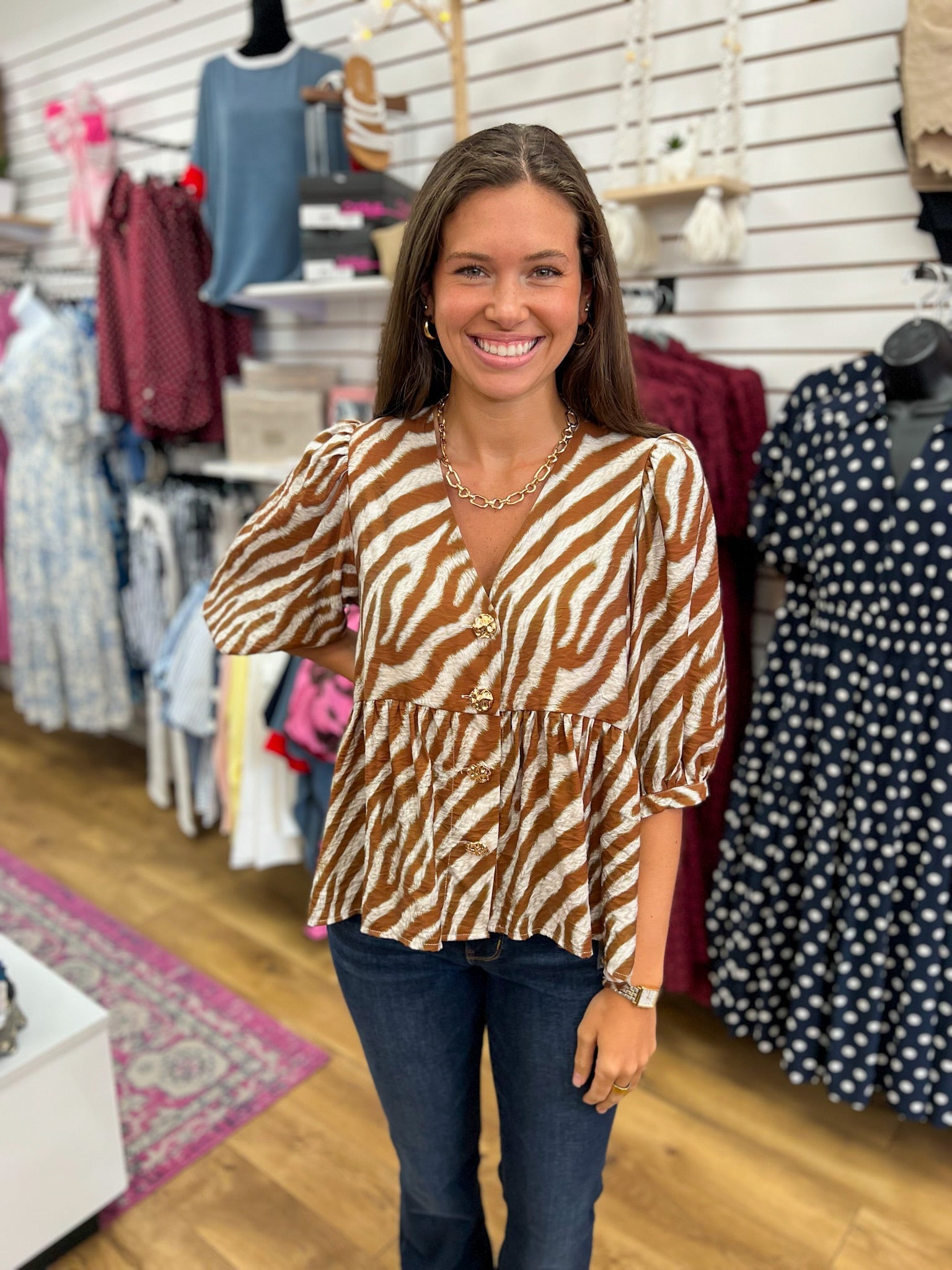 Camel Animal Print V-Neck Top with Gold Front Buttons - A'Bekah's Boutique
