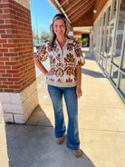 Camel Bubble Sleeve Printed Top - A'Bekah's Boutique