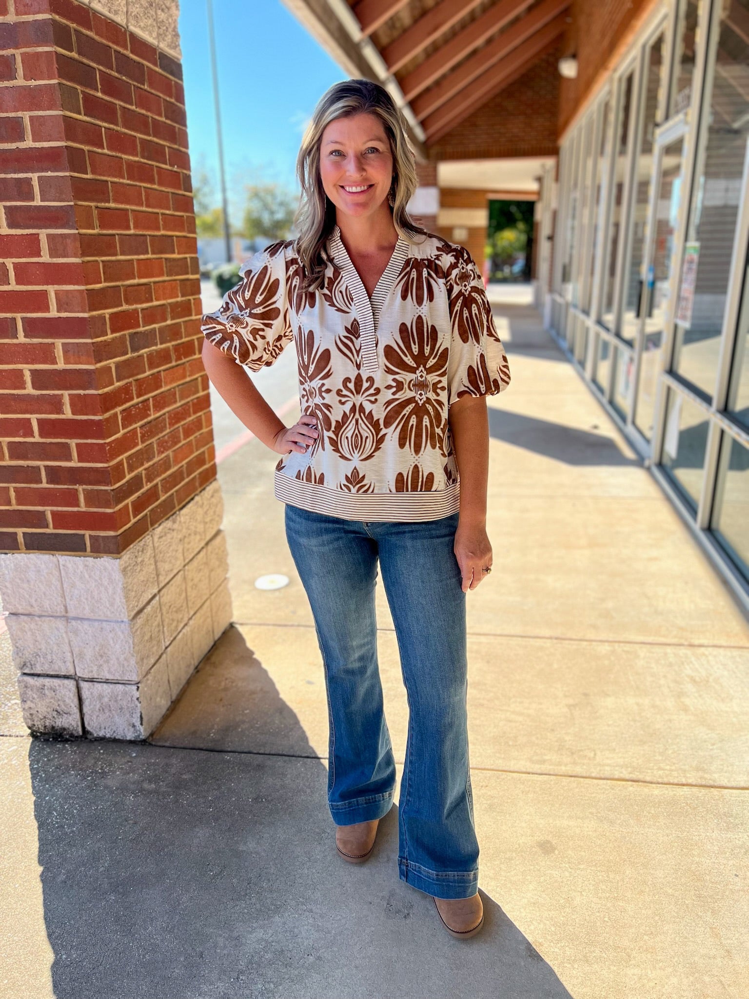 Camel Bubble Sleeve Printed Top - A'Bekah's Boutique