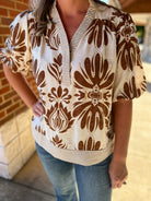Camel Bubble Sleeve Printed Top - A'Bekah's Boutique
