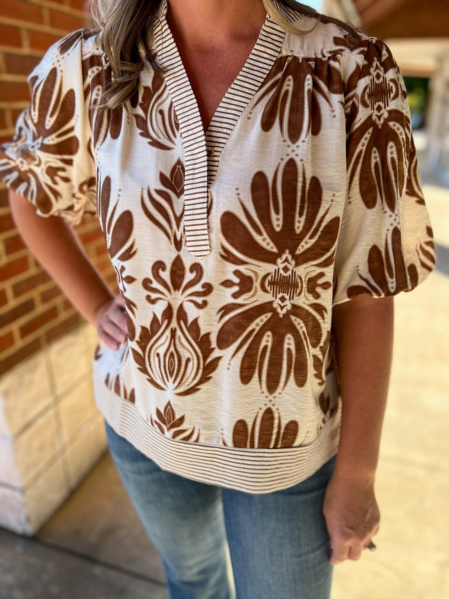 Camel Bubble Sleeve Printed Top - A'Bekah's Boutique