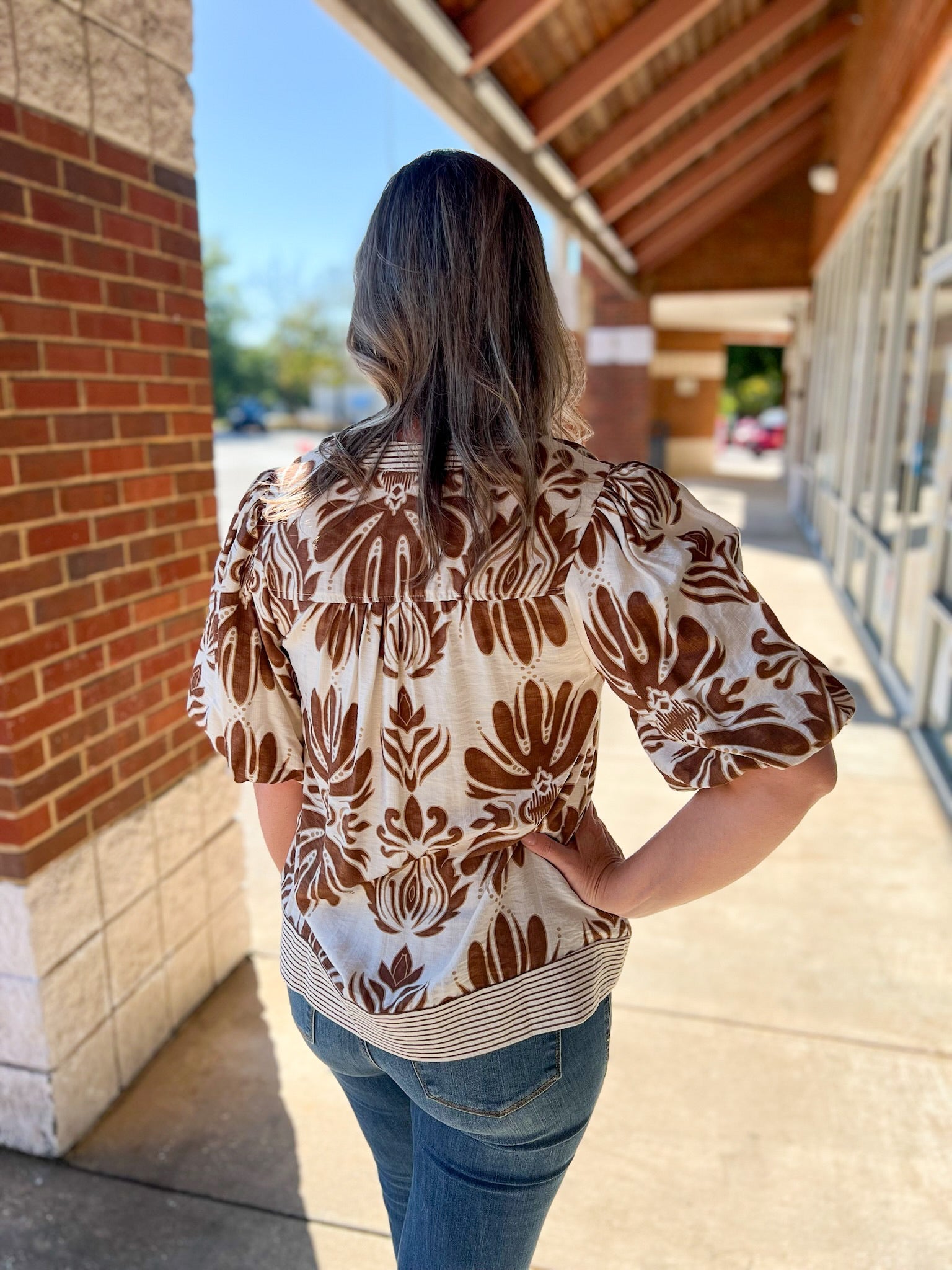Camel Bubble Sleeve Printed Top - A'Bekah's Boutique