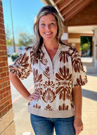 Camel Bubble Sleeve Printed Top - A'Bekah's Boutique