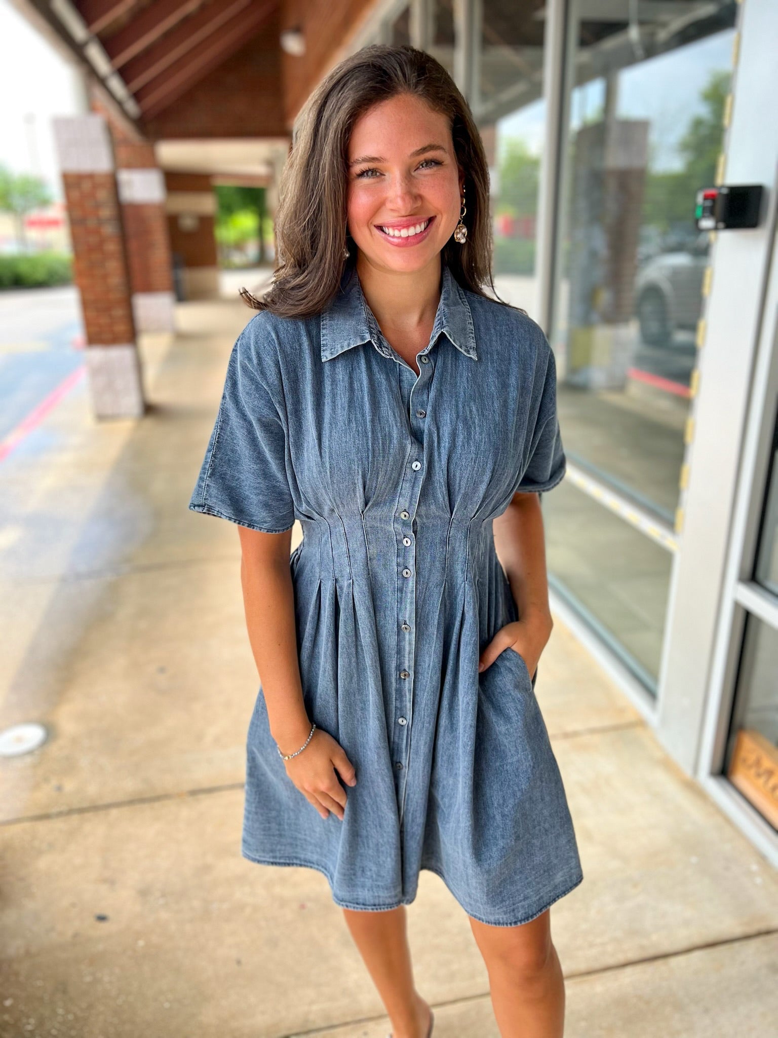Can't Go Back Blue Denim Dress with Pintuck Waist - A'Bekah's Boutique