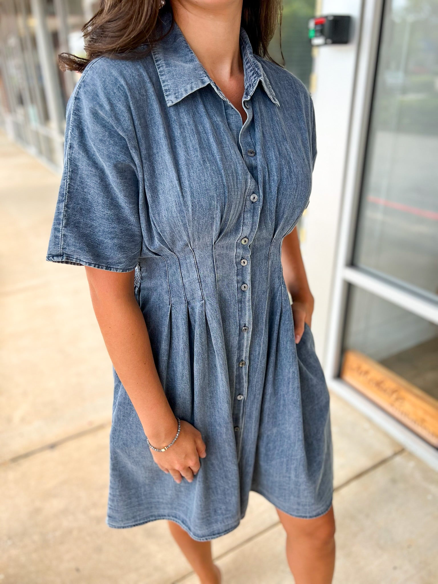 Can't Go Back Blue Denim Dress with Pintuck Waist - A'Bekah's Boutique