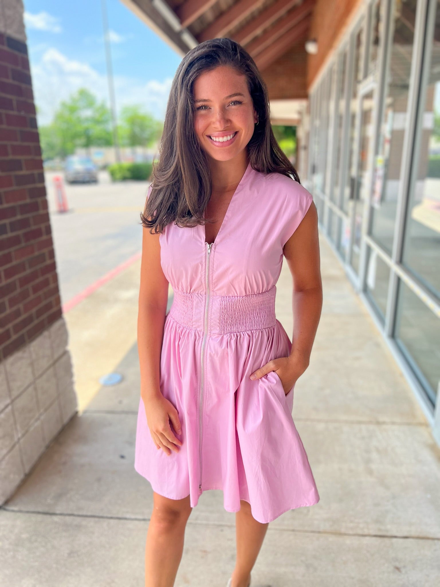 Can't Stop Now Pink V - Neck Dress with Smocked Waist - A'Bekah's Boutique