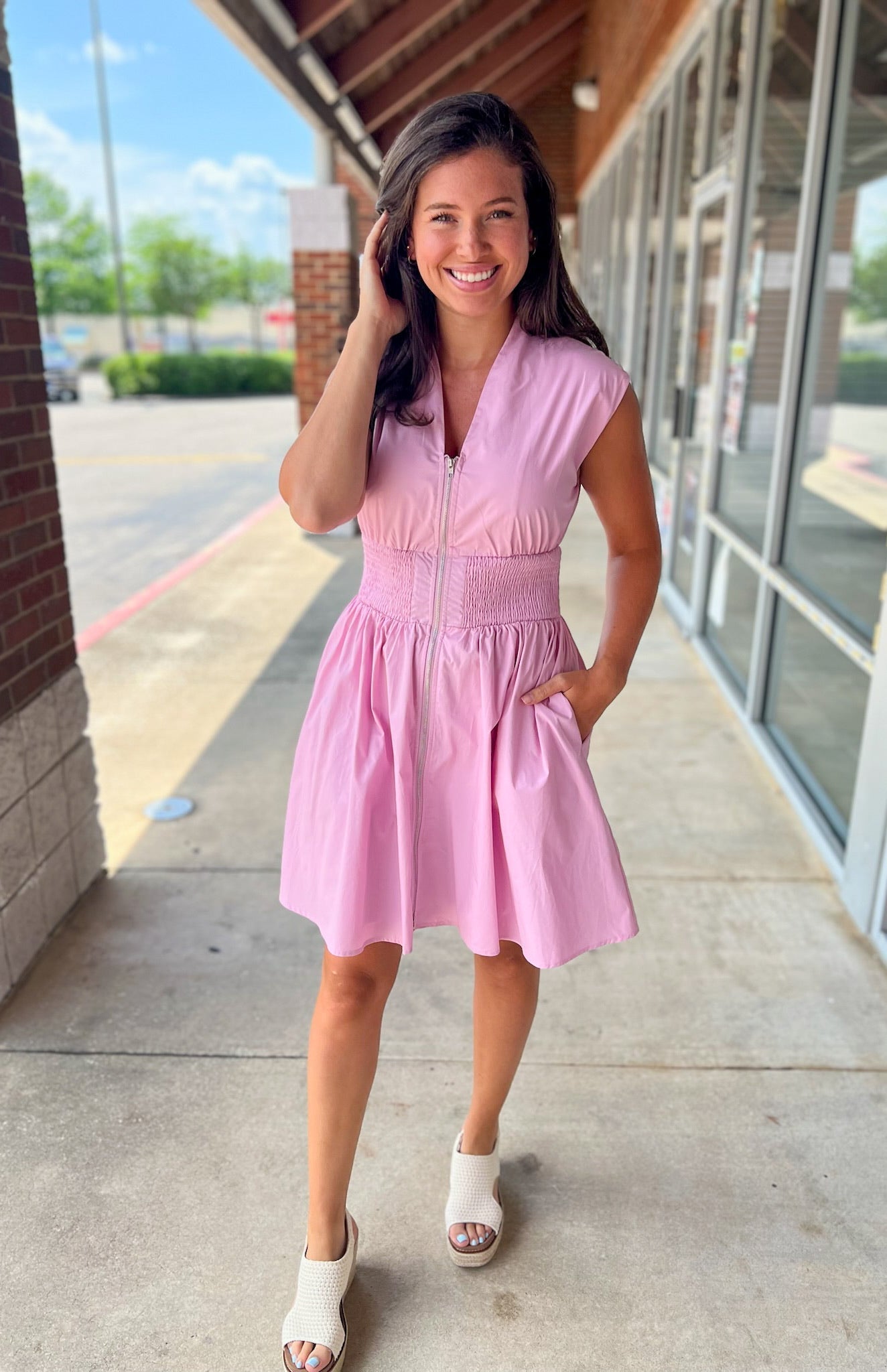 Can't Stop Now Pink V - Neck Dress with Smocked Waist - A'Bekah's Boutique