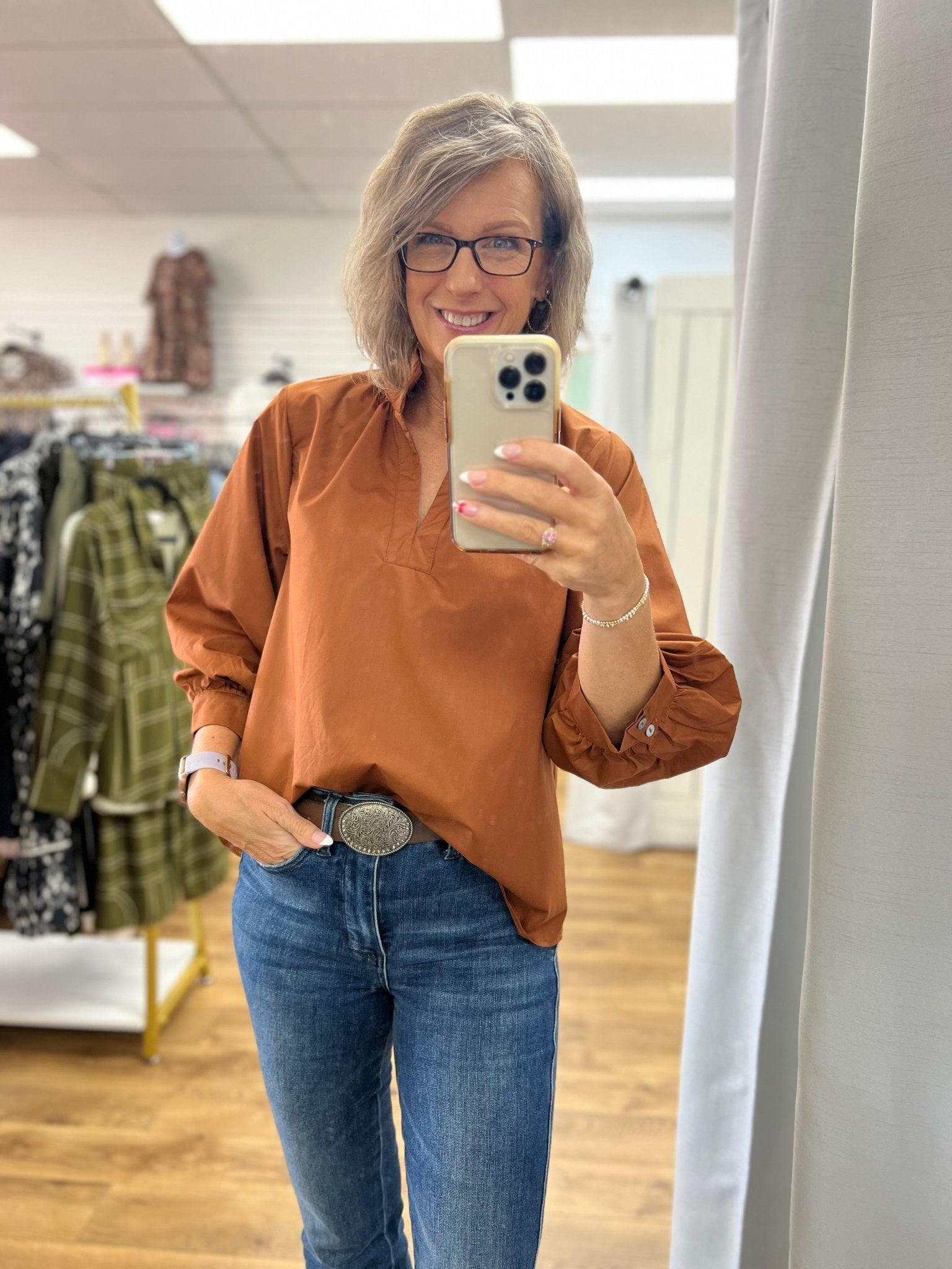 Caramel Brown V - Neck Top with 3/4 Sleeves with Buttoned Cuffs - A'Bekah's Boutique
