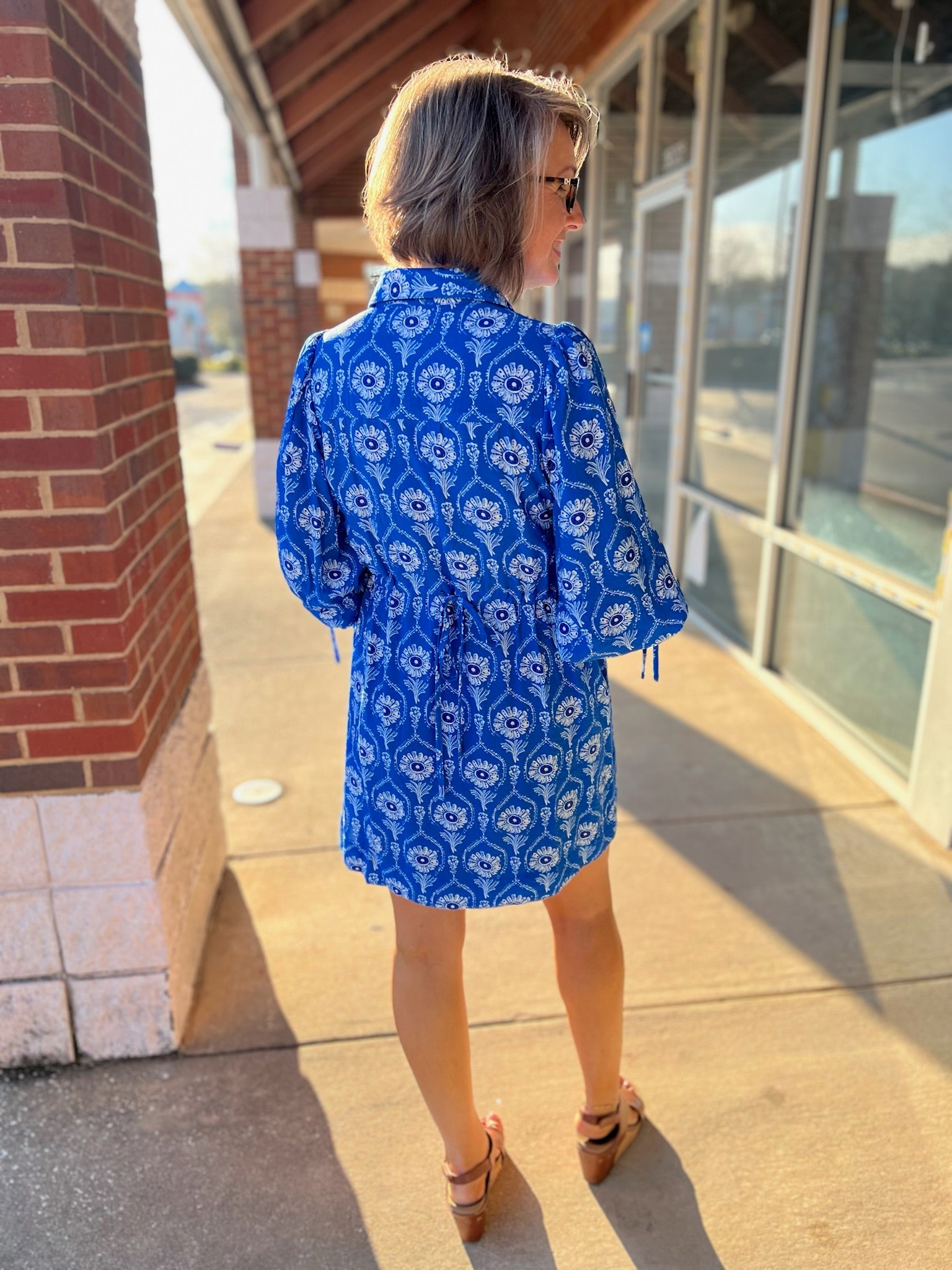 Cerulean Blue Floral V - Neck Dress with Elbow Length Bubble Sleeves (R) - A'Bekah's Boutique