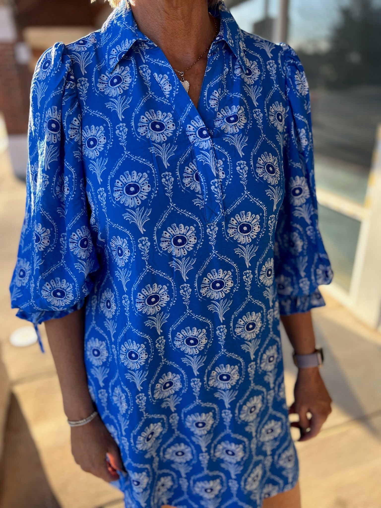 Cerulean Blue Floral V - Neck Dress with Elbow Length Bubble Sleeves (R) - A'Bekah's Boutique