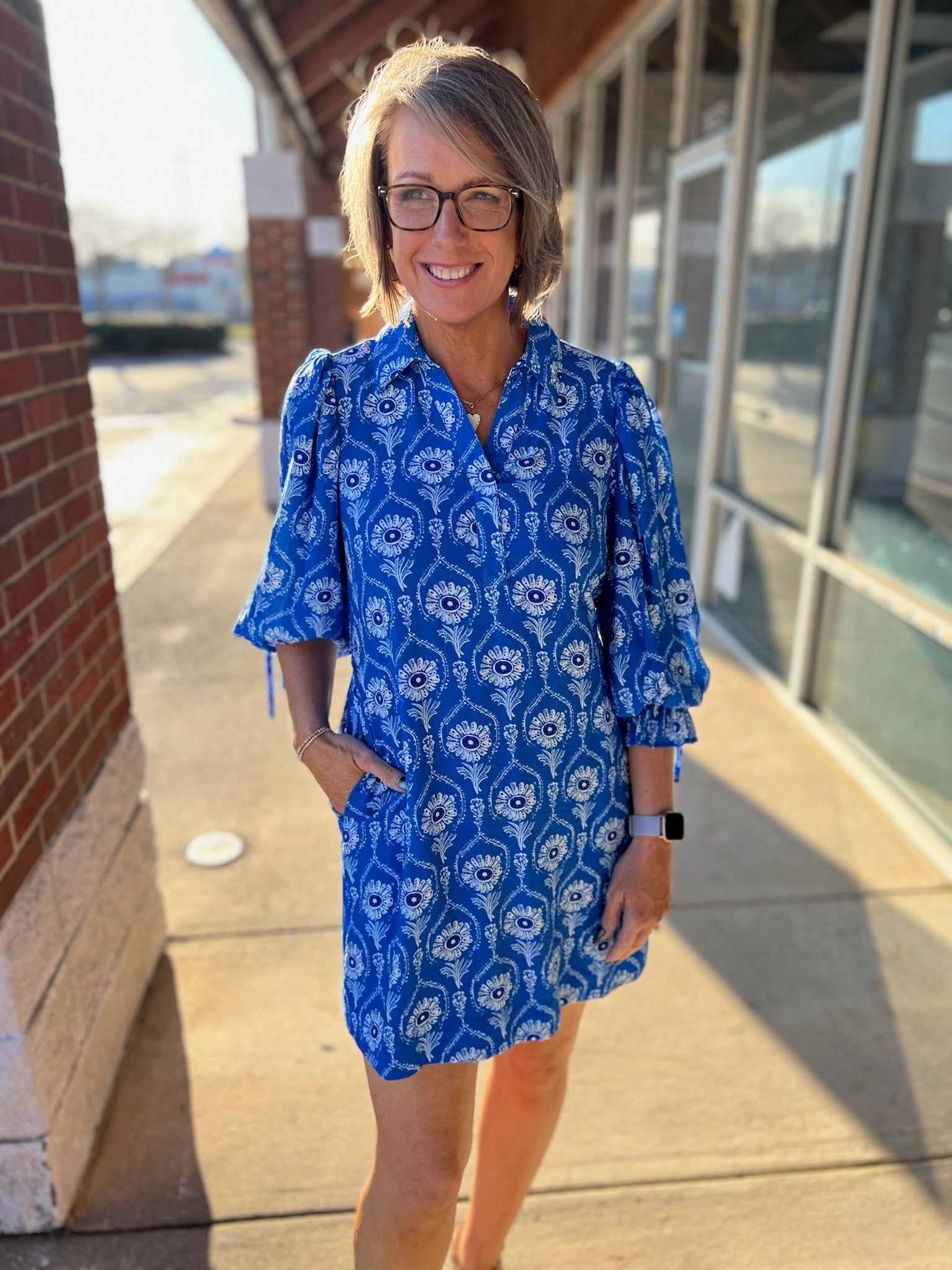Cerulean Blue Floral V - Neck Dress with Elbow Length Bubble Sleeves (R) - A'Bekah's Boutique