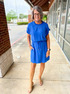 Cerulean Blue Linen Blend Scalloped Trim Dress with Drawstring Waist - A'Bekah's Boutique