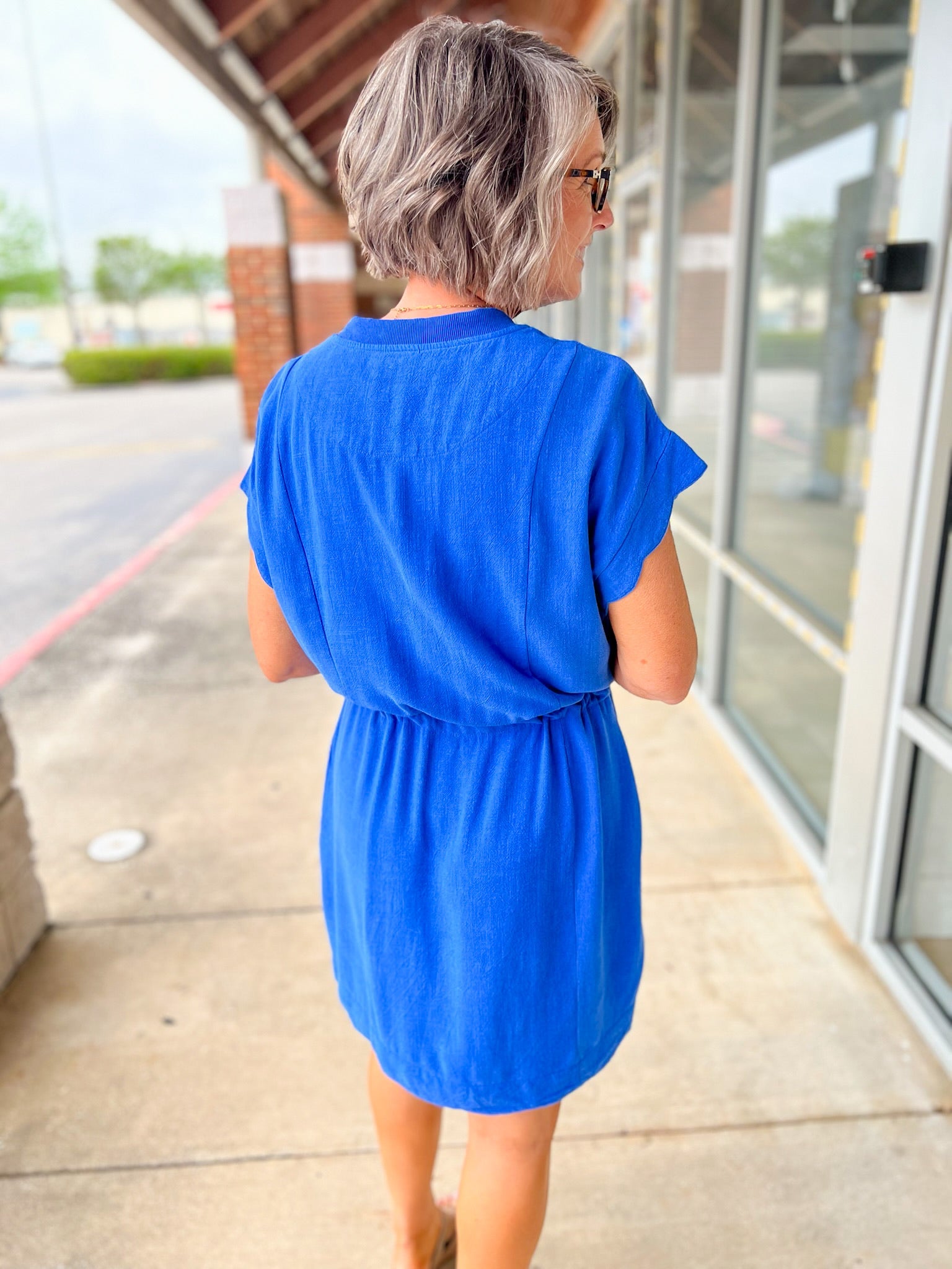 Cerulean Blue Linen Blend Scalloped Trim Dress with Drawstring Waist - A'Bekah's Boutique