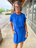 Cerulean Blue Linen Blend Scalloped Trim Dress with Drawstring Waist - A'Bekah's Boutique