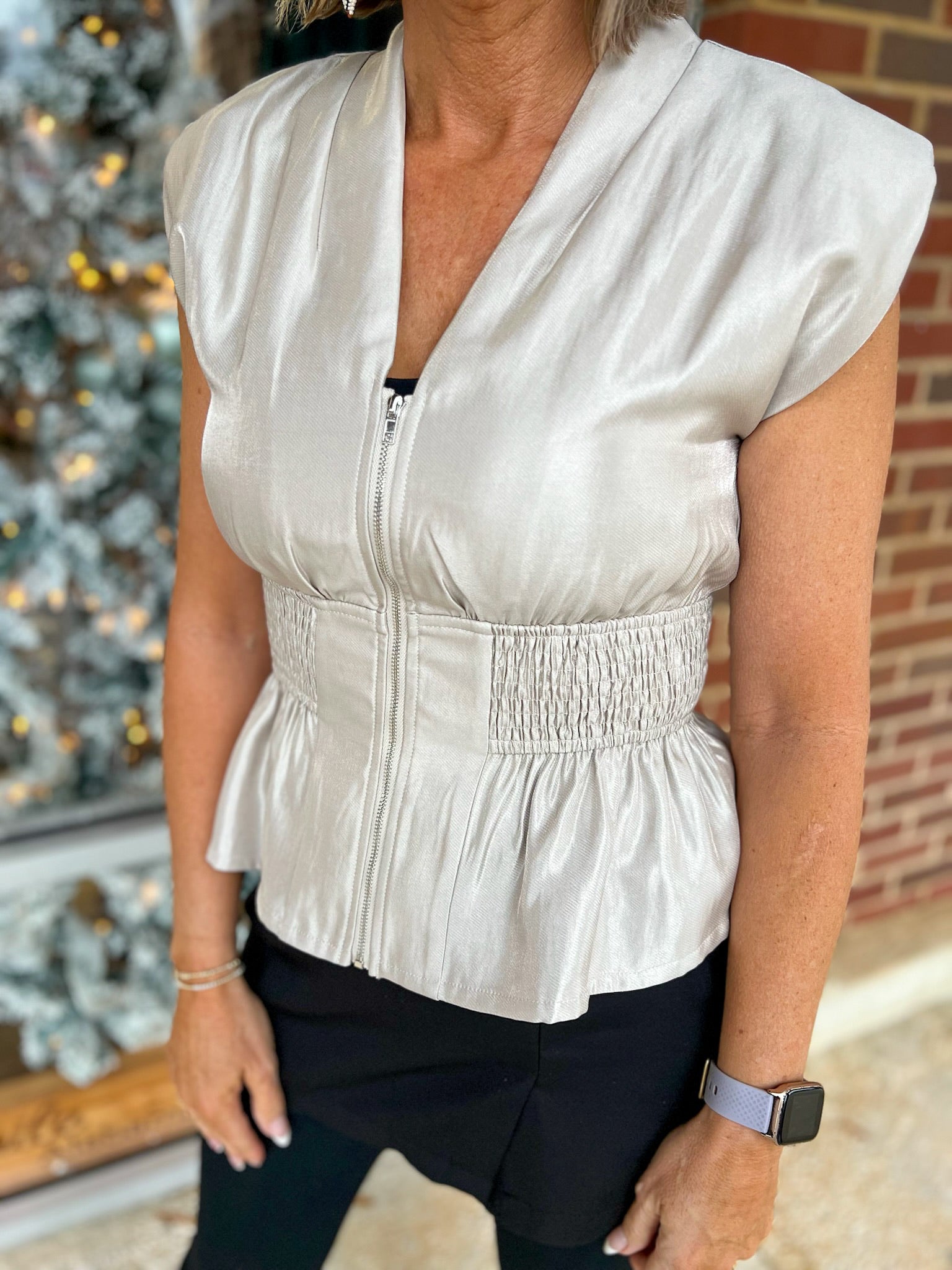 Champagne V - Neck Zip Front Top with Smocked Waist - A'Bekah's Boutique