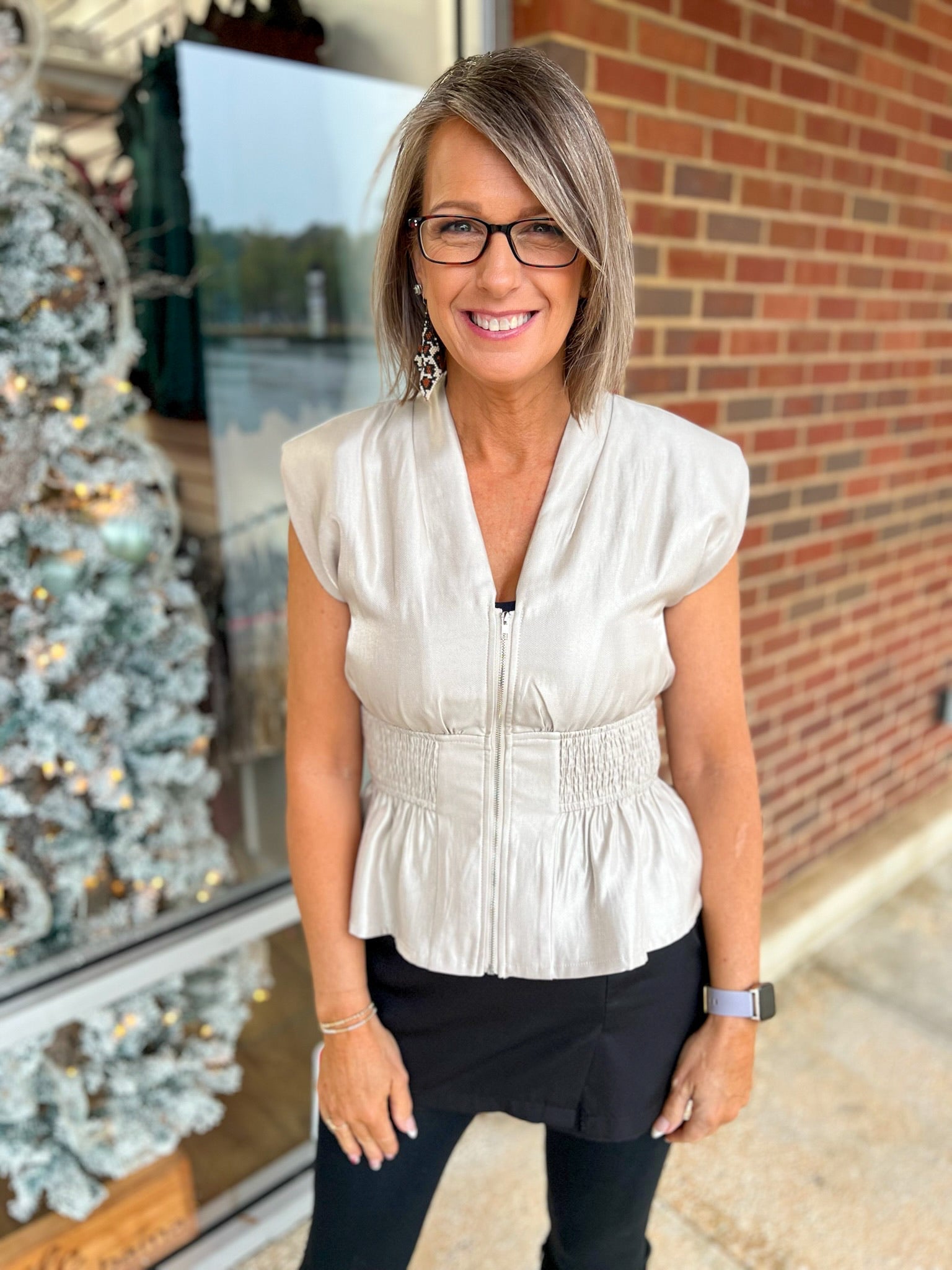 Champagne V - Neck Zip Front Top with Smocked Waist - A'Bekah's Boutique