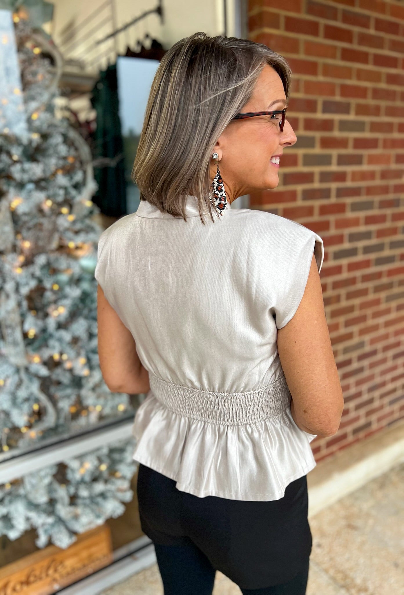 Champagne V - Neck Zip Front Top with Smocked Waist - A'Bekah's Boutique