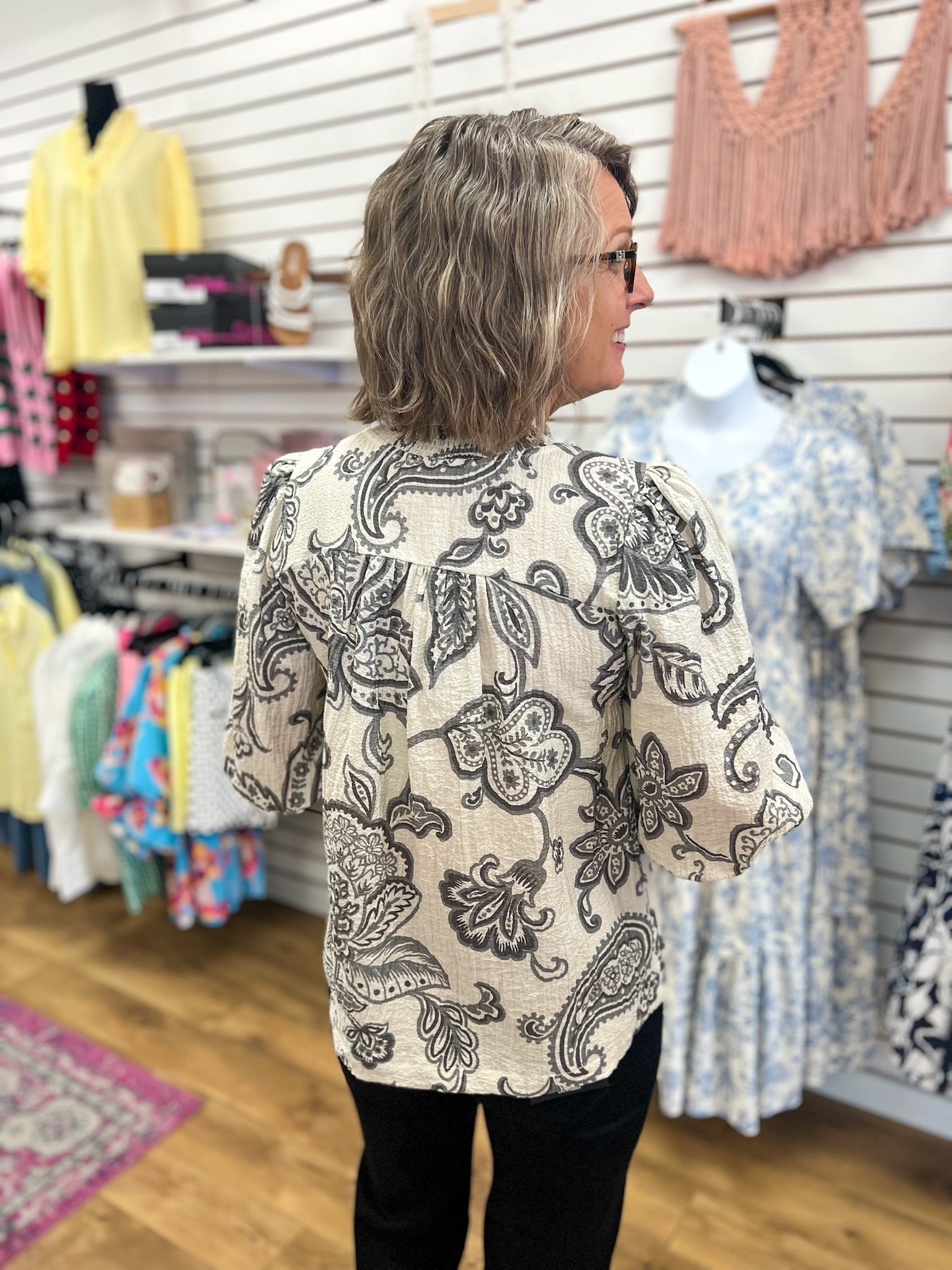 Charcoal Abstract Print V-Neck Top with 3/4 Sleeves - A'Bekah's Boutique