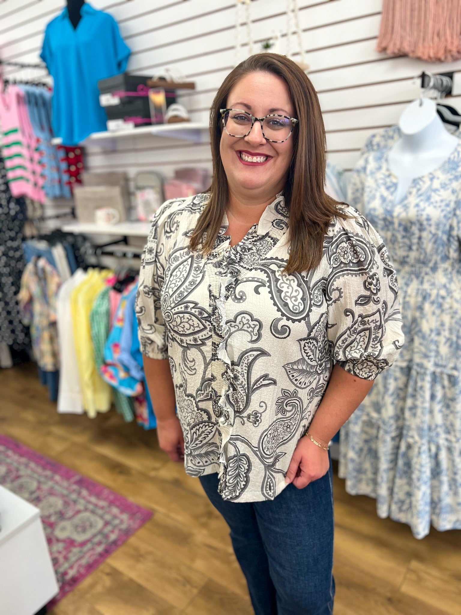 Charcoal Abstract Print V-Neck Top with 3/4 Sleeves - A'Bekah's Boutique