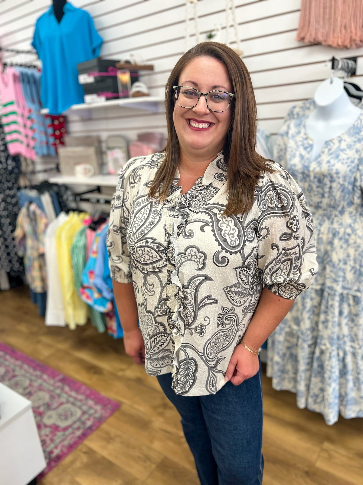 Charcoal Abstract Print V-Neck Top with 3/4 Sleeves - A'Bekah's Boutique