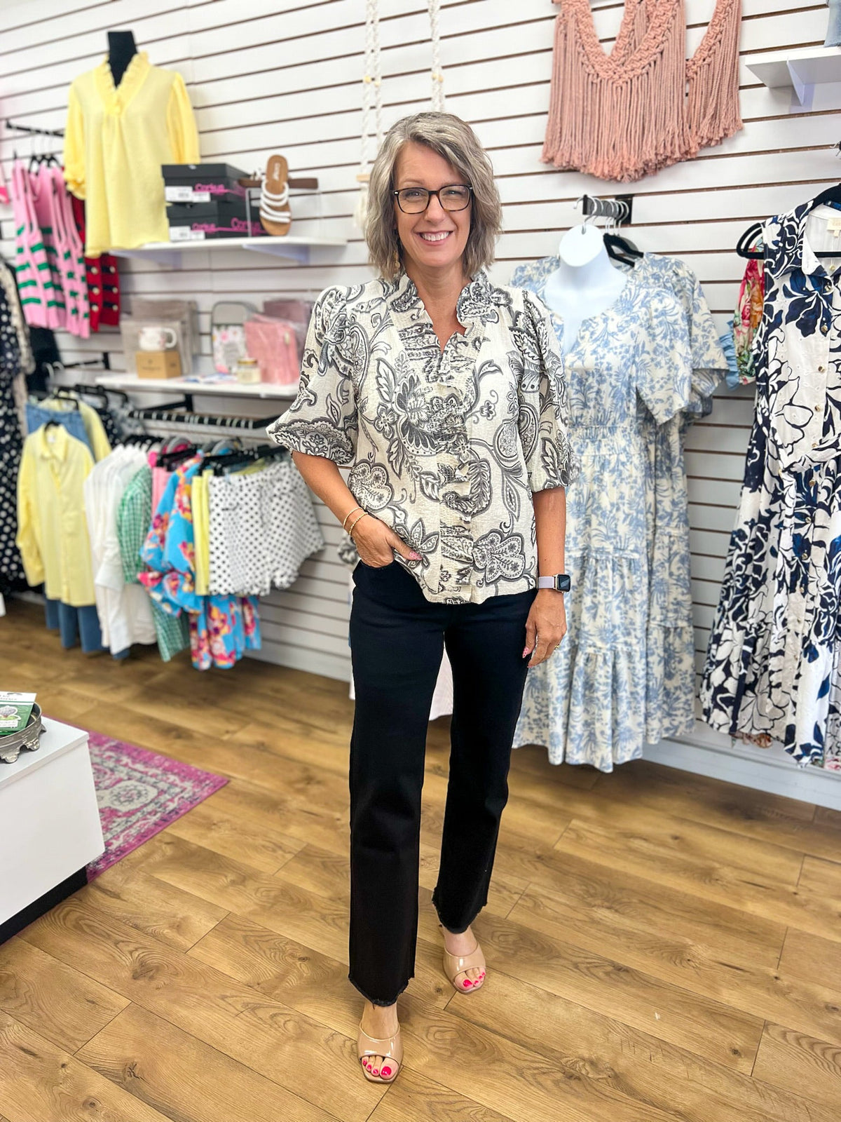 Charcoal Abstract Print V-Neck Top with 3/4 Sleeves - A'Bekah's Boutique