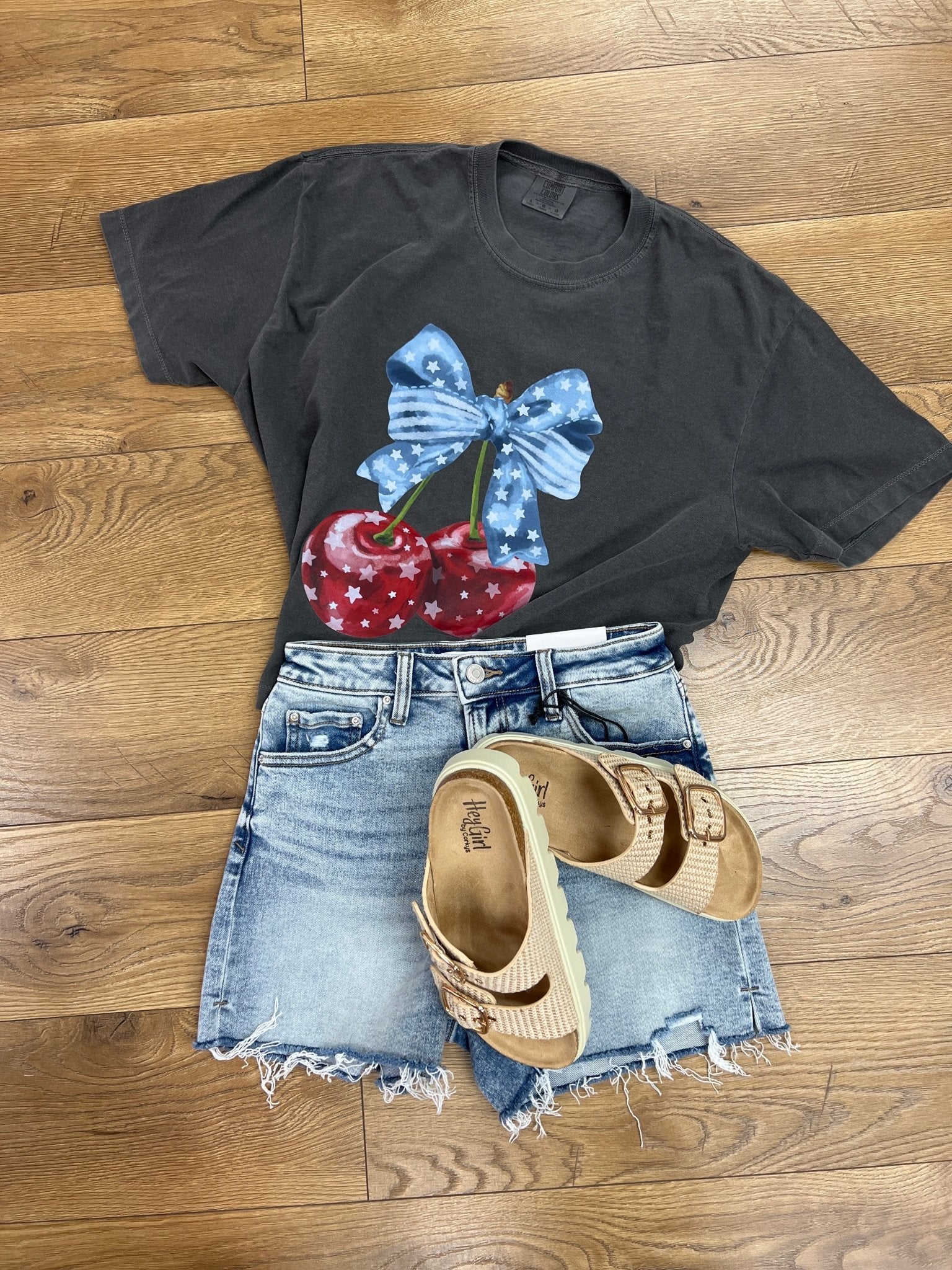 Charcoal Short Sleeve Cropped T-Shirt with Bow and Cherries - A'Bekah's Boutique