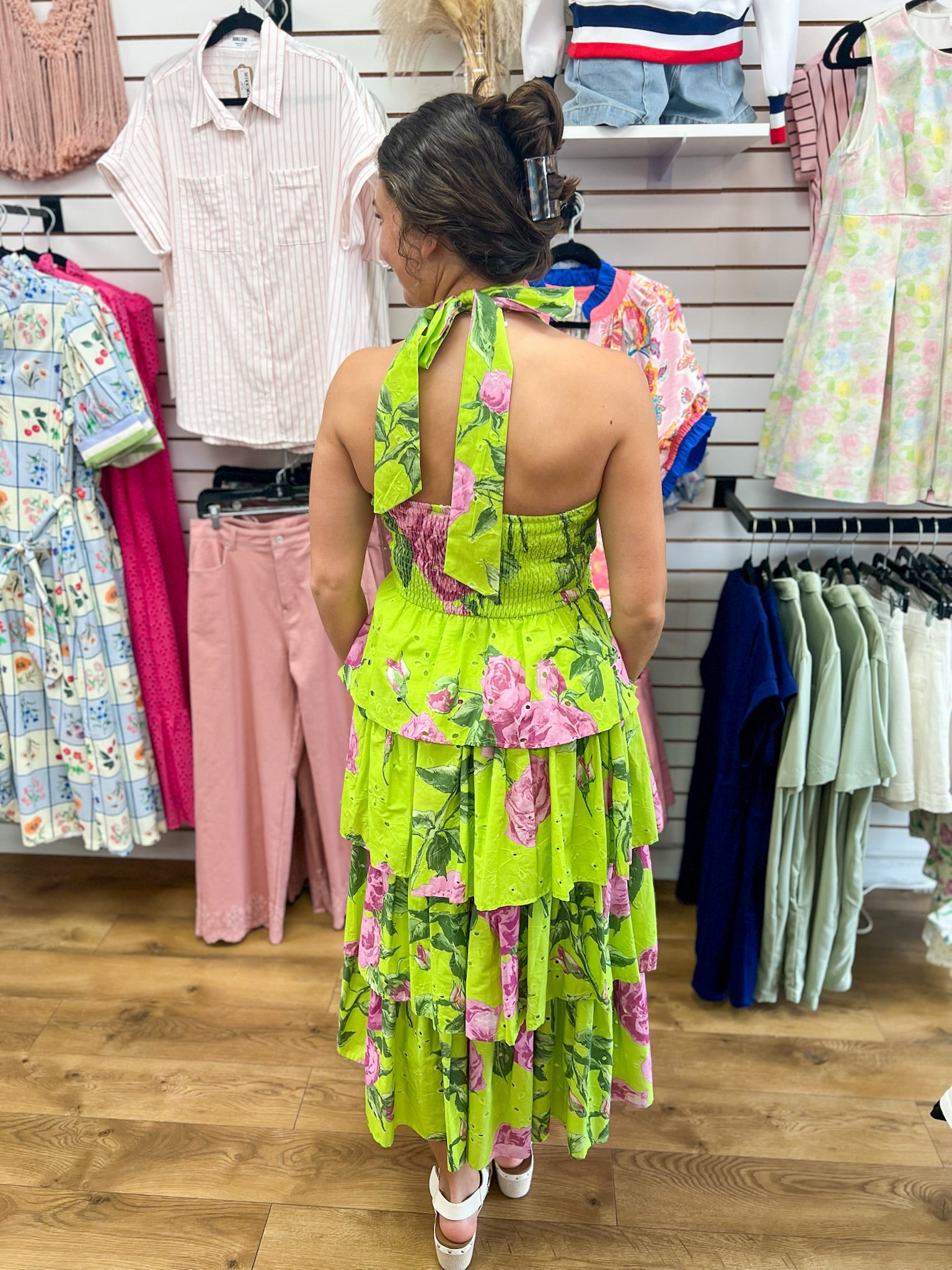 Chartreuse Floral Ruffle Tiered Midi Dress - A'Bekah's Boutique