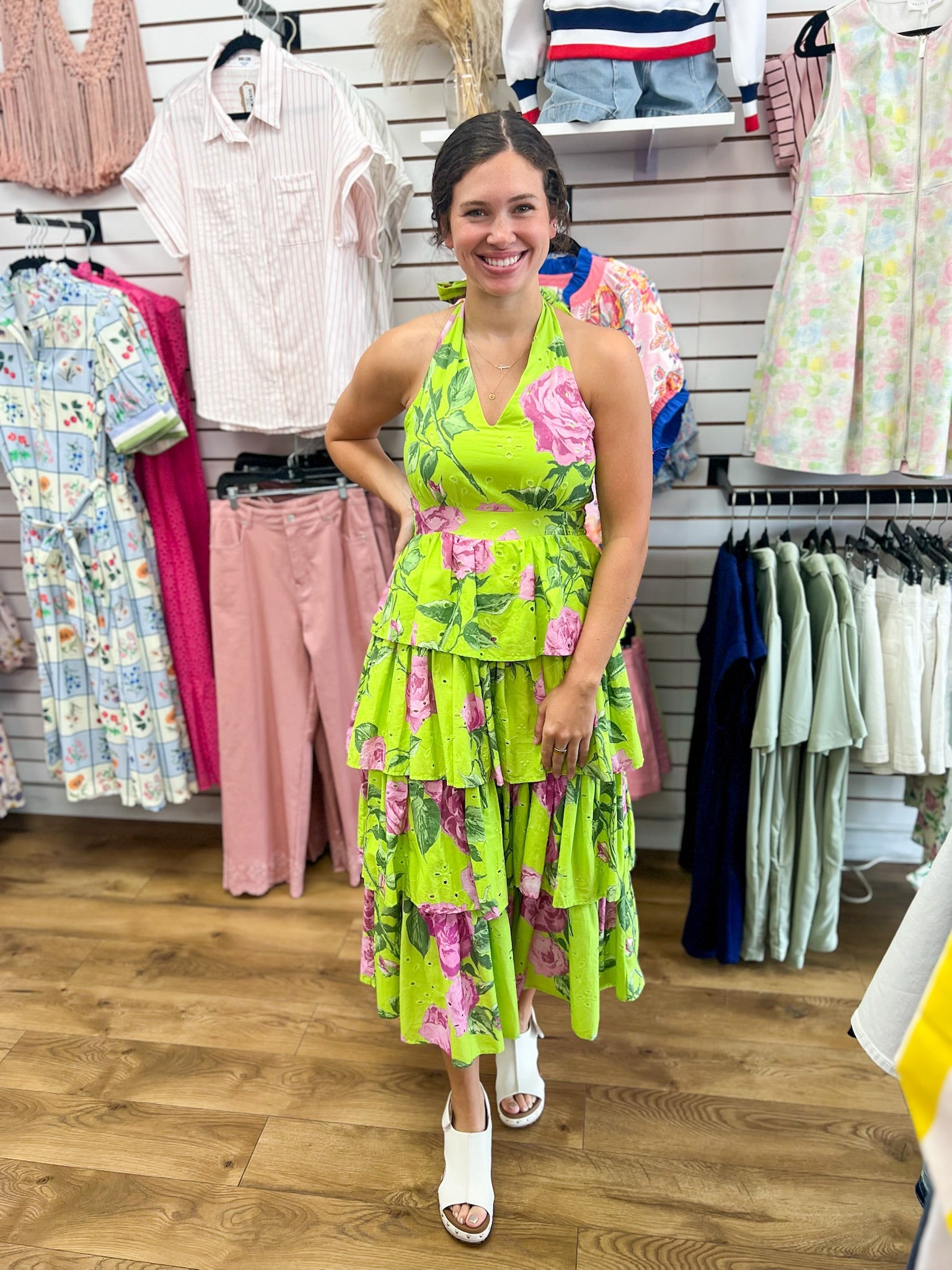 Chartreuse Floral Ruffle Tiered Midi Dress - A'Bekah's Boutique