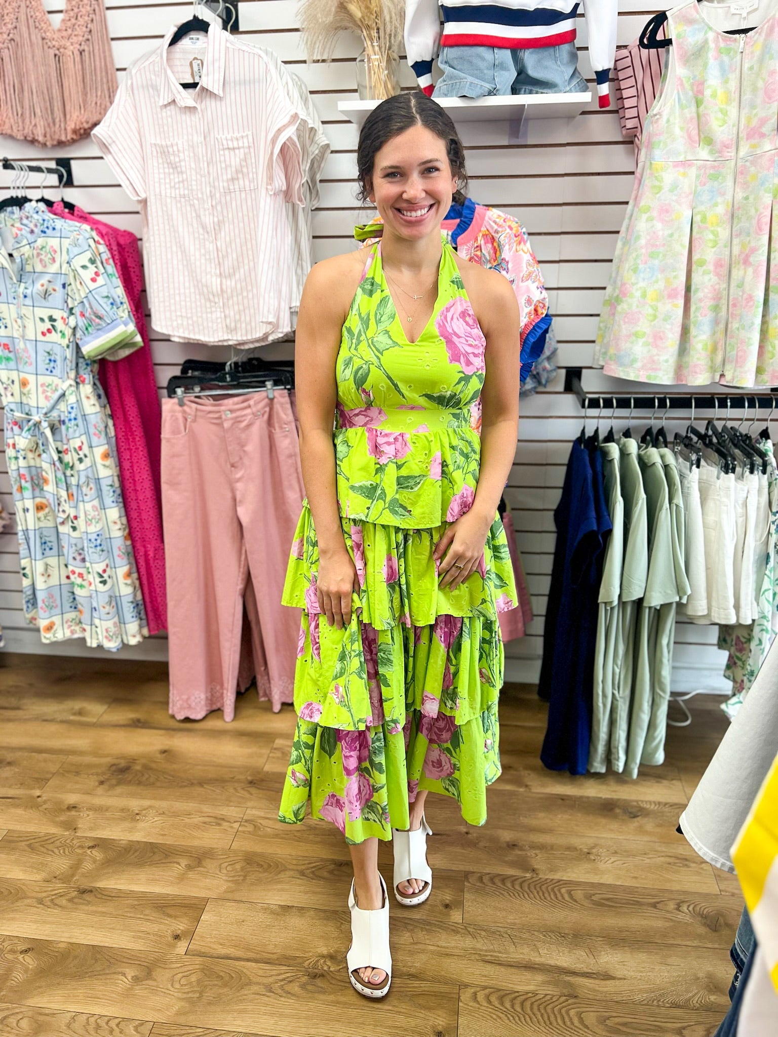 Chartreuse Floral Ruffle Tiered Midi Dress - A'Bekah's Boutique