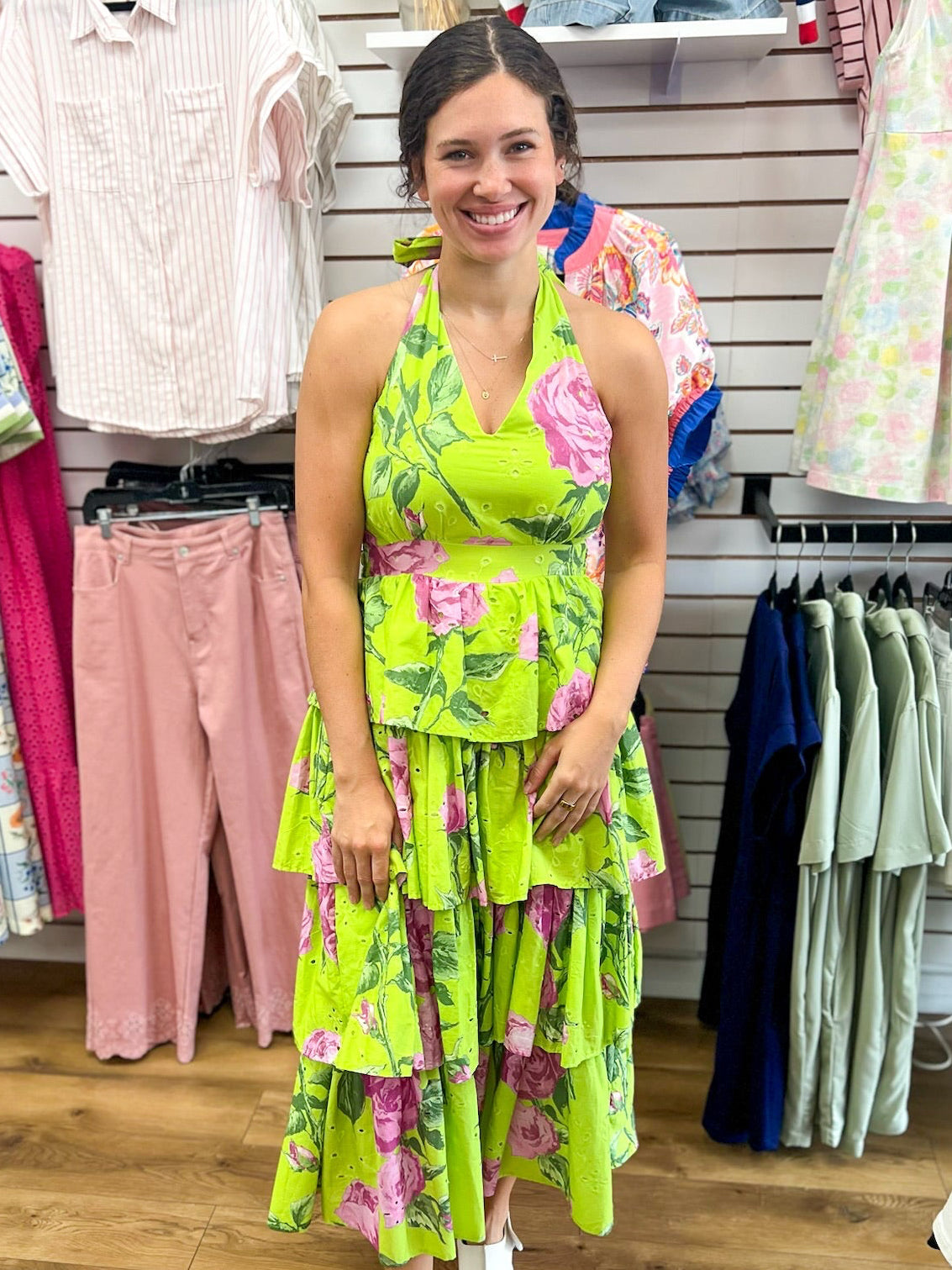 Chartreuse Floral Ruffle Tiered Midi Dress - A'Bekah's Boutique