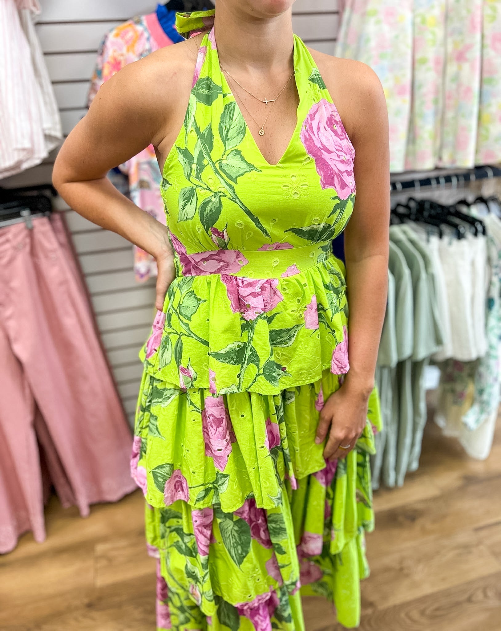 Chartreuse Floral Ruffle Tiered Midi Dress - A'Bekah's Boutique