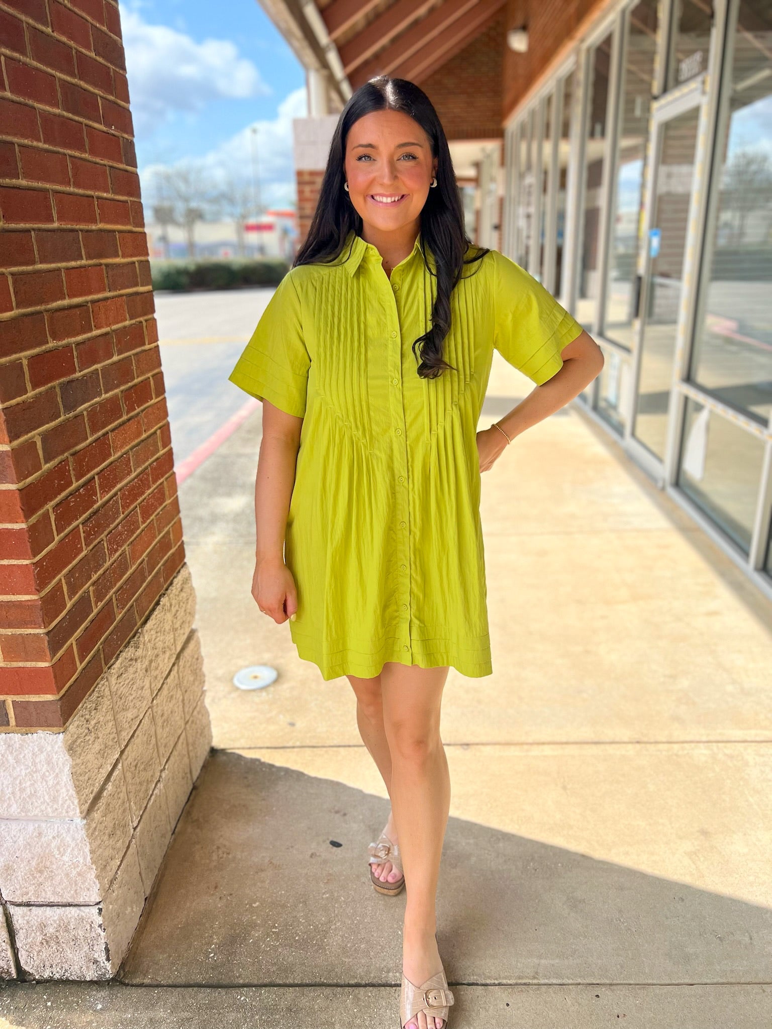 Chartreuse Green Short Sleeve Shirt Dress with Pockets - A'Bekah's Boutique