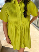 Chartreuse Green Short Sleeve Shirt Dress with Pockets - A'Bekah's Boutique