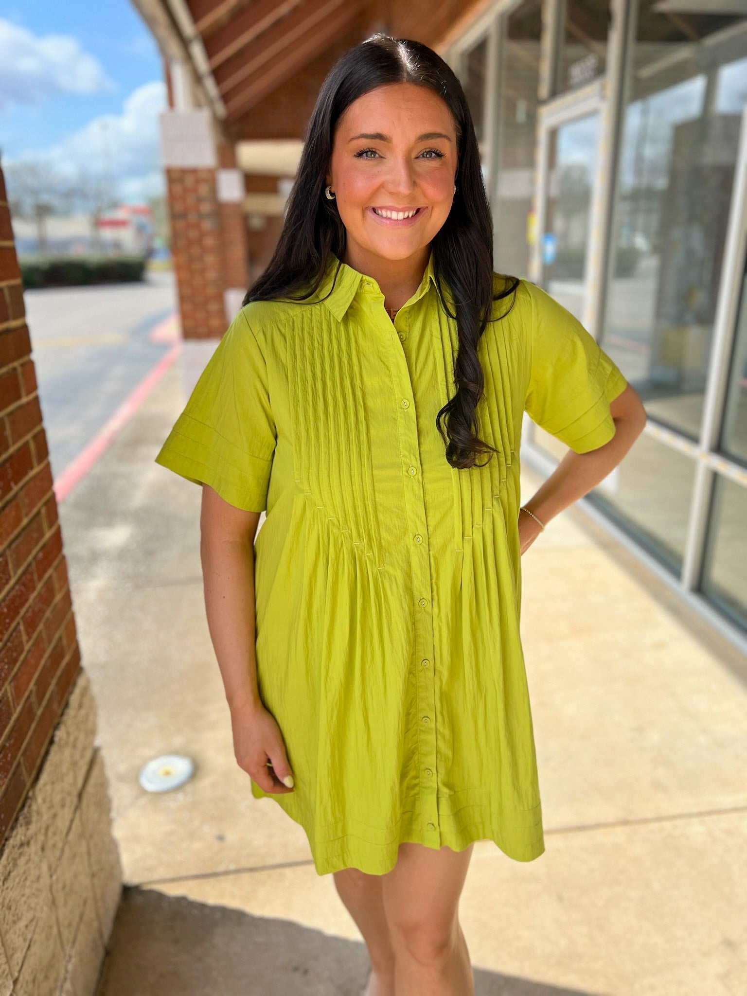 Chartreuse Green Short Sleeve Shirt Dress with Pockets - A'Bekah's Boutique
