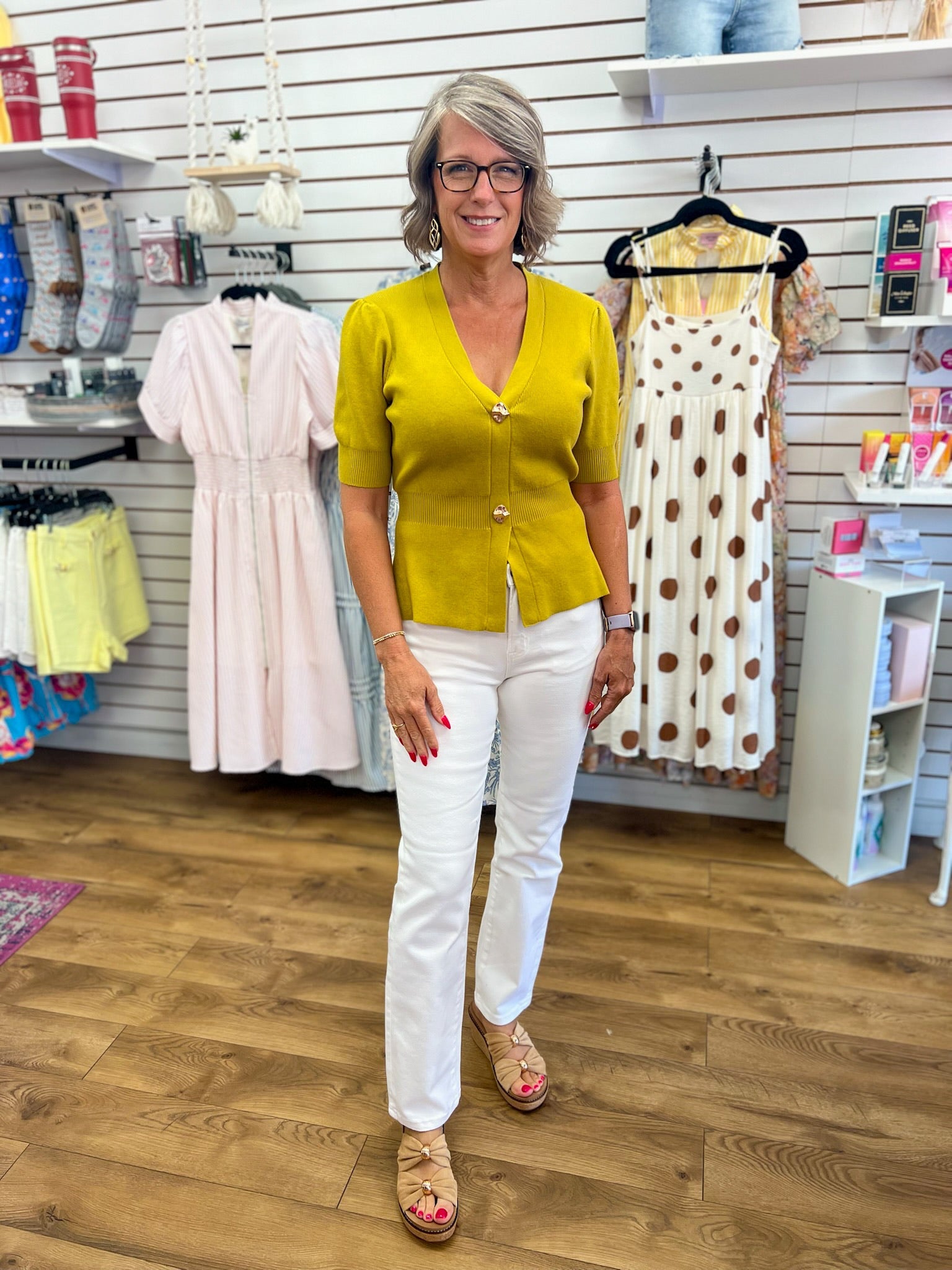 Chartreuse Ribbed Short Sleeve Cardigan with Gold Buttons - A'Bekah's Boutique