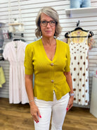 Chartreuse Ribbed Short Sleeve Cardigan with Gold Buttons - A'Bekah's Boutique