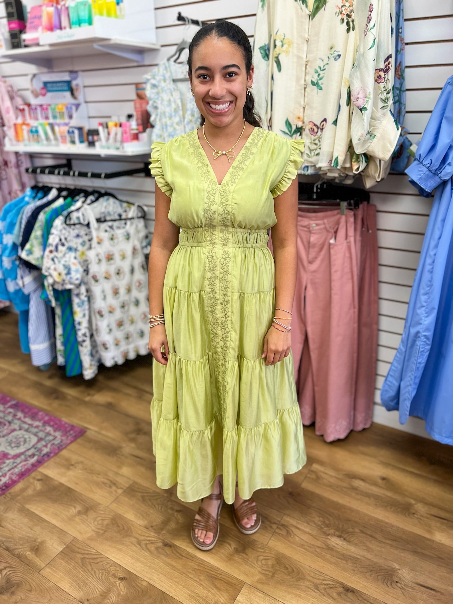 Chartreuse Tiered Midi Dress with Embroidery - A'Bekah's Boutique