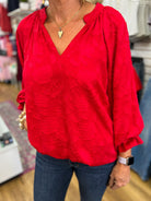 Cherry Red Jacquard Top with 3/4 Balloon Sleeves - A'Bekah's Boutique