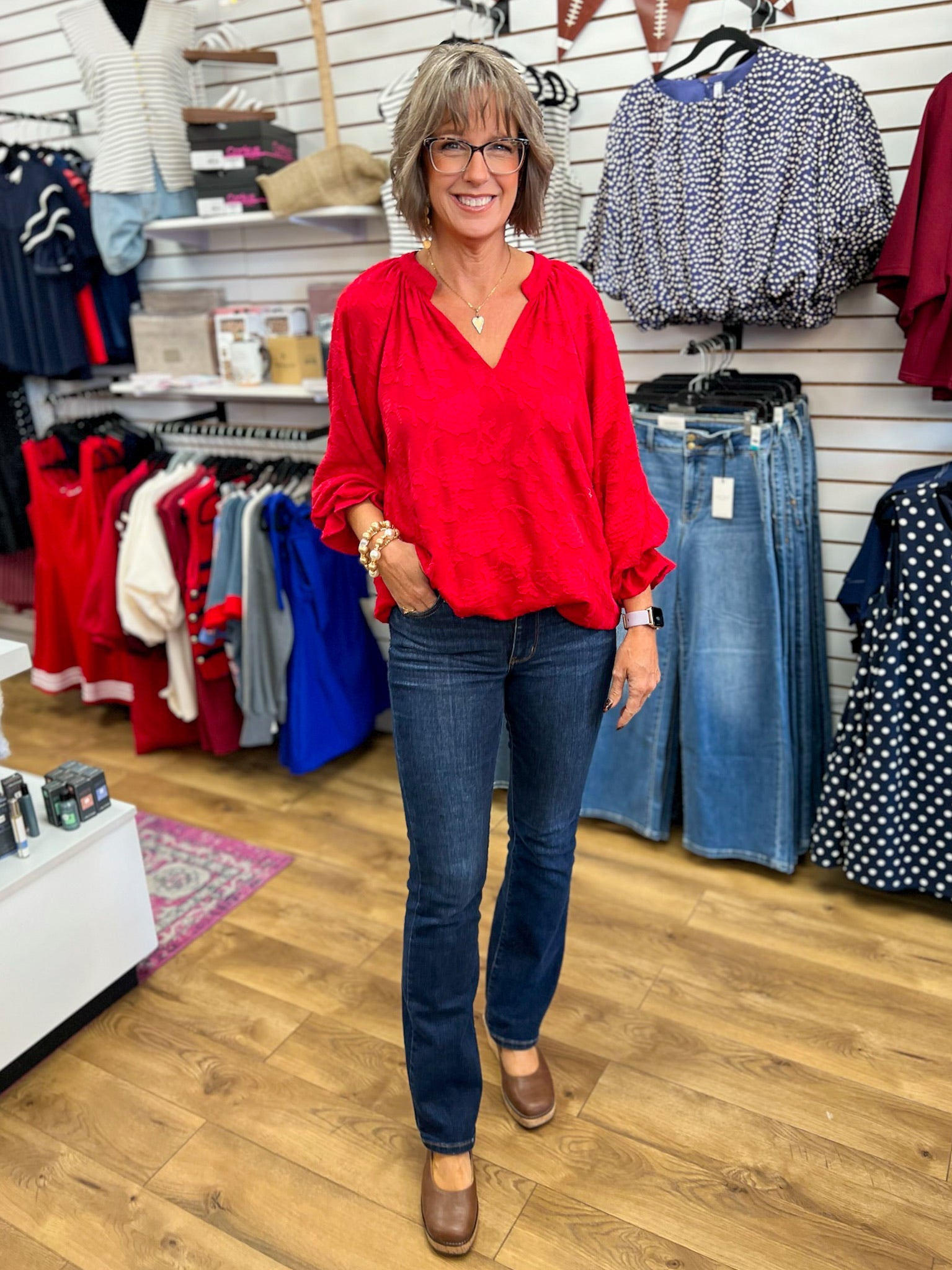 Cherry Red Jacquard Top with 3/4 Balloon Sleeves - A'Bekah's Boutique