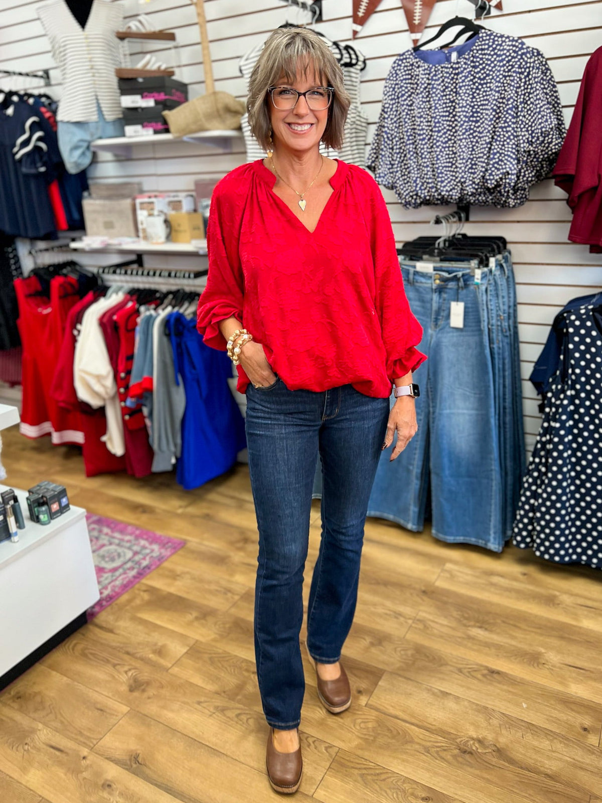 Cherry Red Jacquard Top with 3/4 Balloon Sleeves - A'Bekah's Boutique