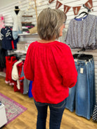 Cherry Red Jacquard Top with 3/4 Balloon Sleeves - A'Bekah's Boutique