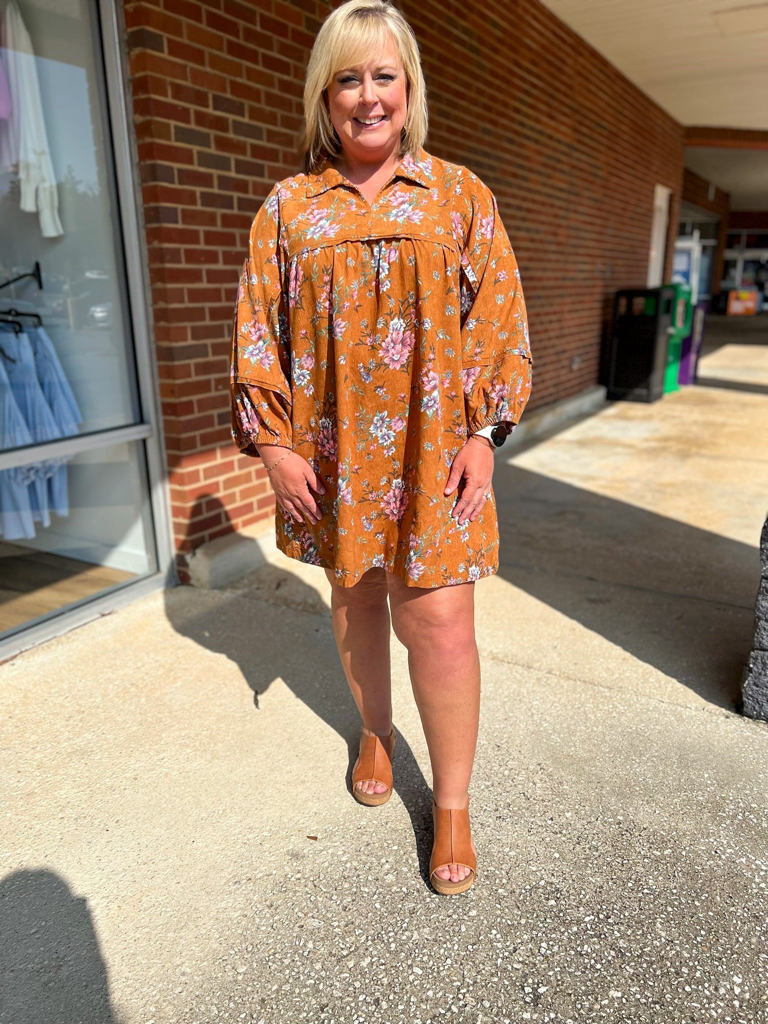 Chilly Mornings Camel Floral Corduroy Dress with Frayed Edge Details - A'Bekah's Boutique