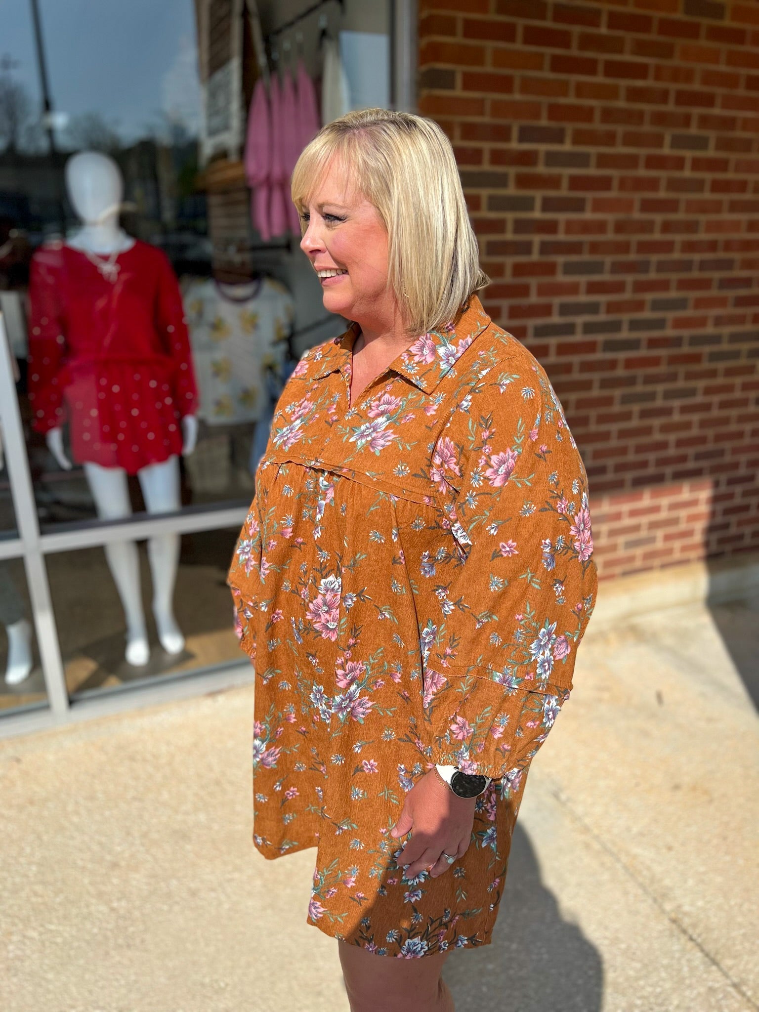 Chilly Mornings Camel Floral Corduroy Dress with Frayed Edge Details - A'Bekah's Boutique