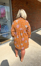 Chilly Mornings Camel Floral Corduroy Dress with Frayed Edge Details - A'Bekah's Boutique