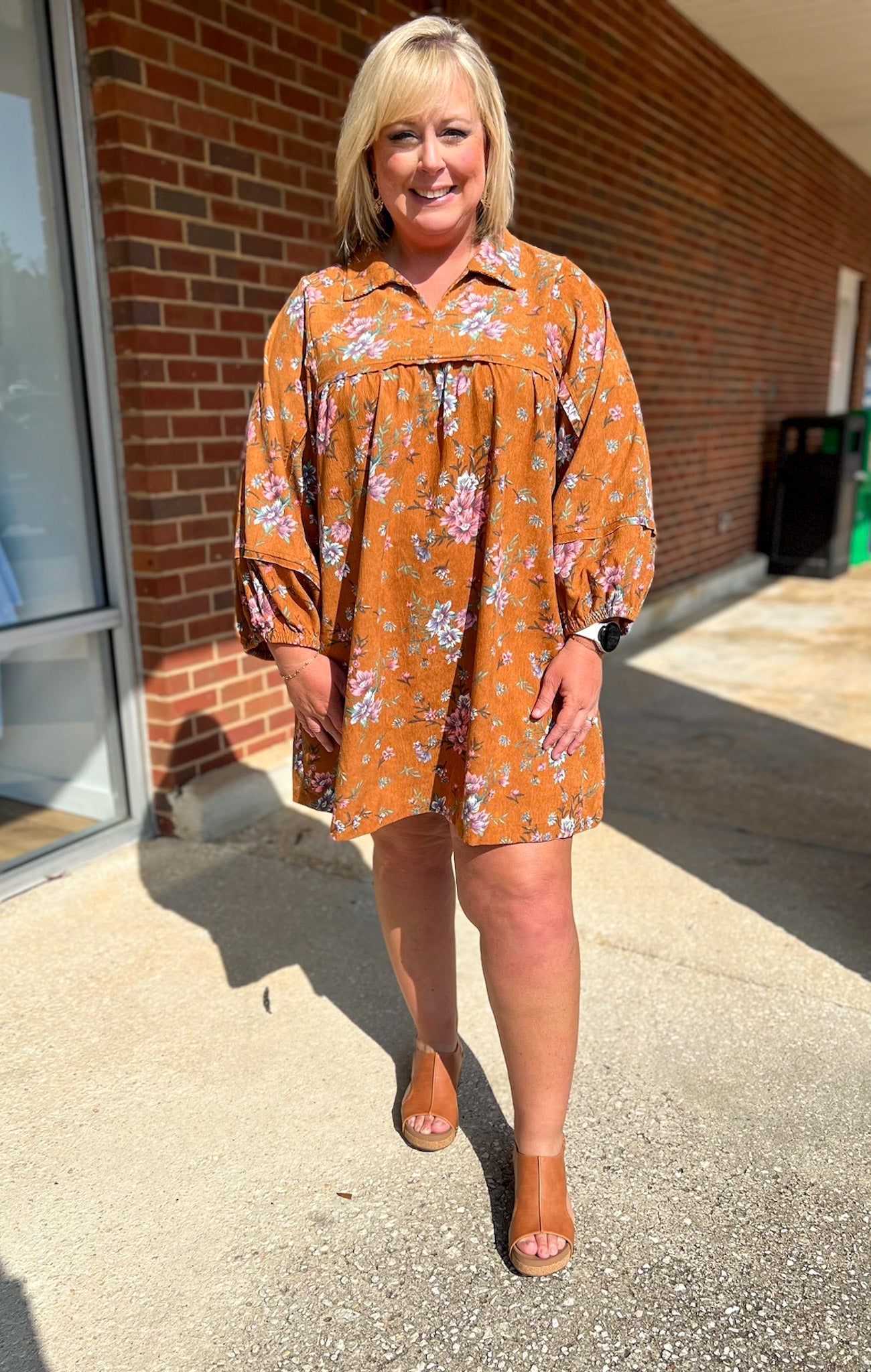 Chilly Mornings Camel Floral Corduroy Dress with Frayed Edge Details - A'Bekah's Boutique