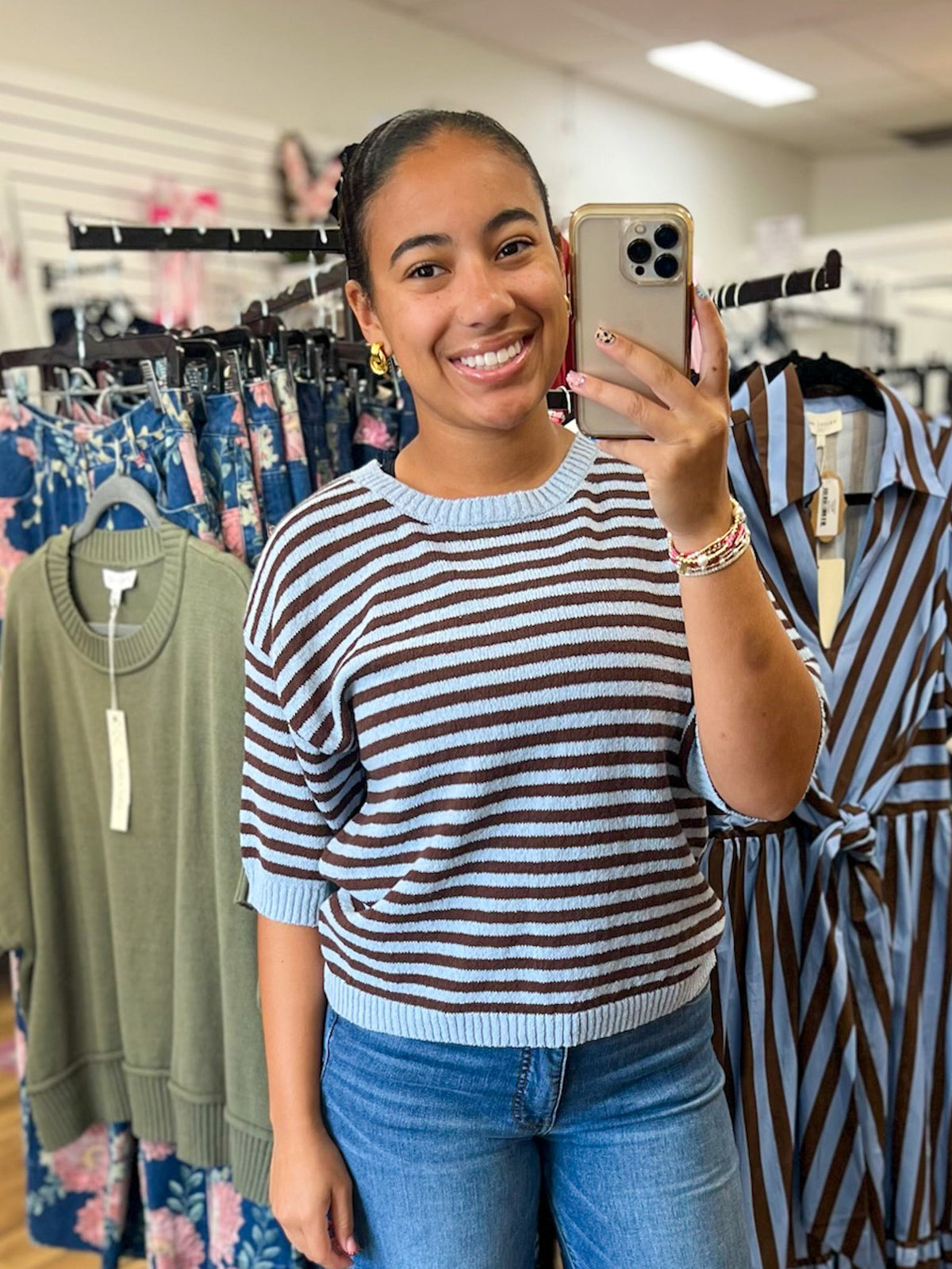 Chocolate Brown and Blue Striped Sweater with Back Buttons - A'Bekah's Boutique